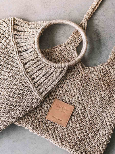 Handgeknüpfte Jute-Tasche aus Makramé mit Reifen