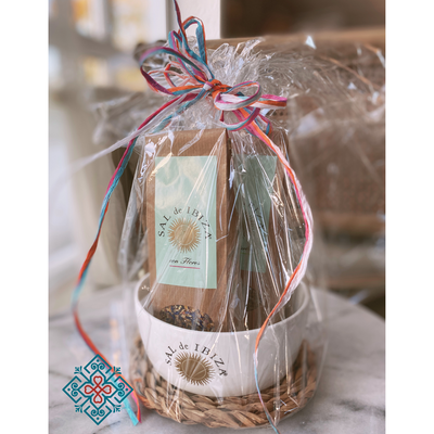 Geschenkset Sal de Ibiza - Kennenlernpaket 2x Mittelgrobes Meersalz Nachfüllbeutel & Keramikschüssel