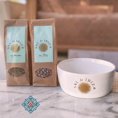 Geschenkset Sal de Ibiza - Kennenlernpaket 2x Mittelgrobes Meersalz Nachfüllbeutel & Keramikschüssel