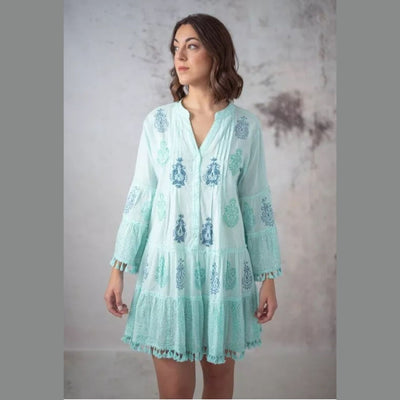 Kurzes Türkisfarbenes Kleid aus Baumwolle im Boho-Stil