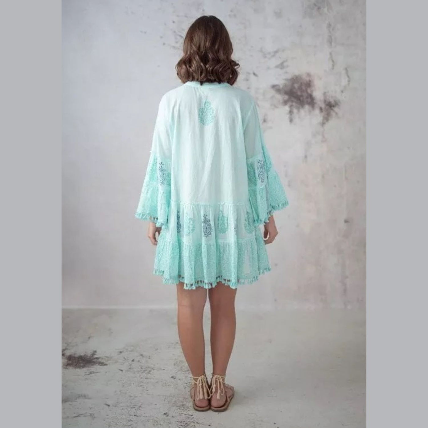 Kurzes Türkisfarbenes Kleid aus Baumwolle im Boho-Stil