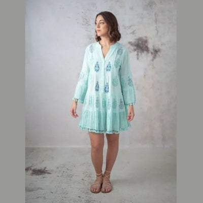 Kurzes Türkisfarbenes Kleid aus Baumwolle im Boho-Stil
