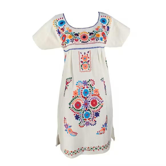 Mexikanisches Baumwollkleid, weiss, mit Handstickerei