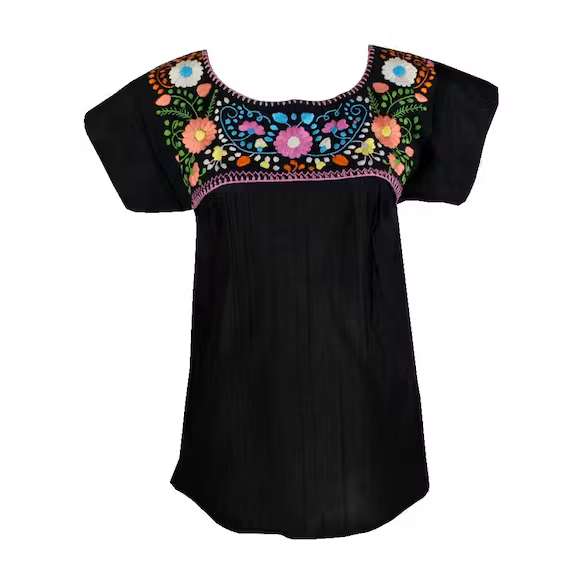 Mexikanische Bluse „Tehuacàn Jardín“, schwarz, mit Handstickerei
