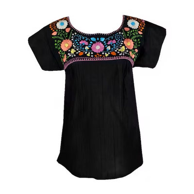Mexikanische Bluse „Tehuacàn Jardín“, schwarz, mit Handstickerei