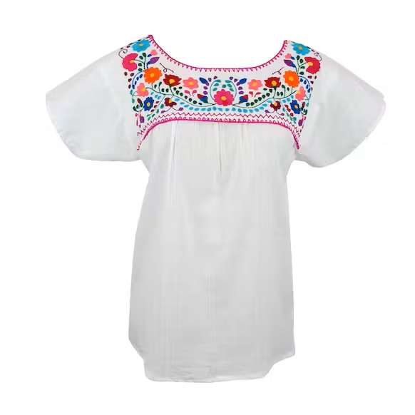 Mexikanische Bluse „Tehuacàn Jardín“, weiss, mit Handstickerei