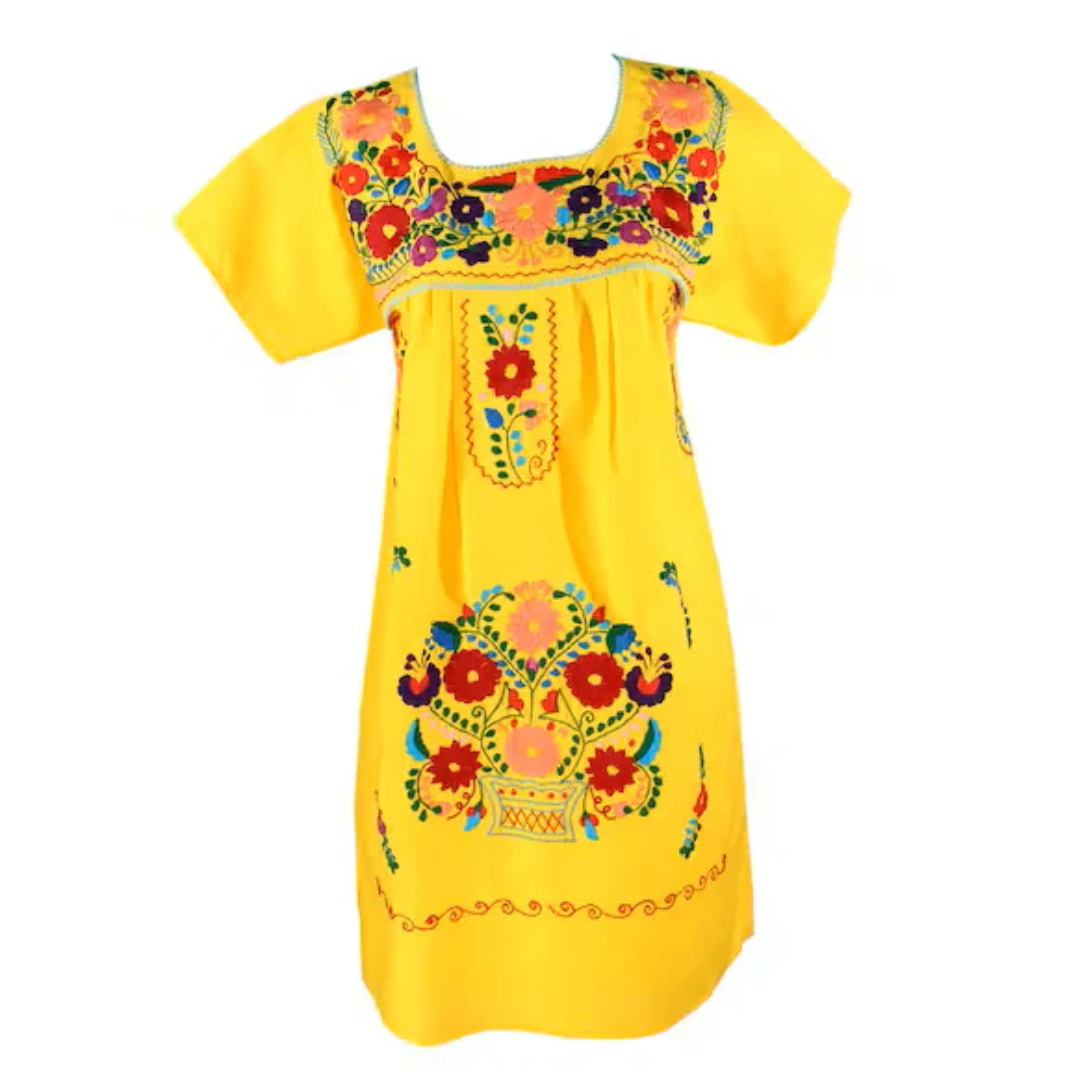 Mexikanisches Baumwollkleid, Gelb, mit Handstickerei